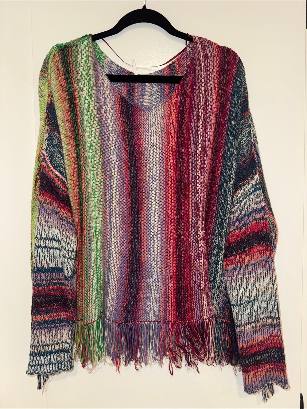 Free People Multicolor Striped Knit Sweater with Fringe Hem